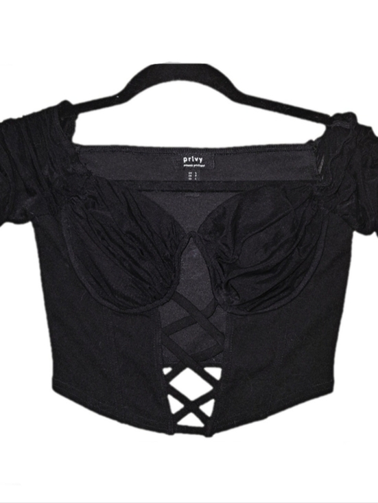 privy Tops - Privy Black Lace-Up Cropped Bustier Top with Runched Mesh Sleeves Sz Small | EUC